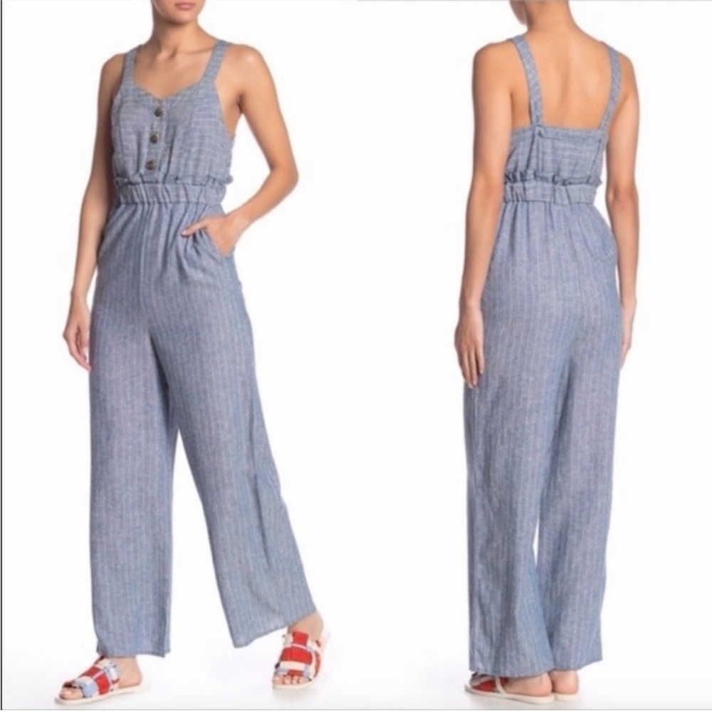 Romeo + Juliette Couture Linen Blend Jumpsuit Size Large Blue/Ivory NWT